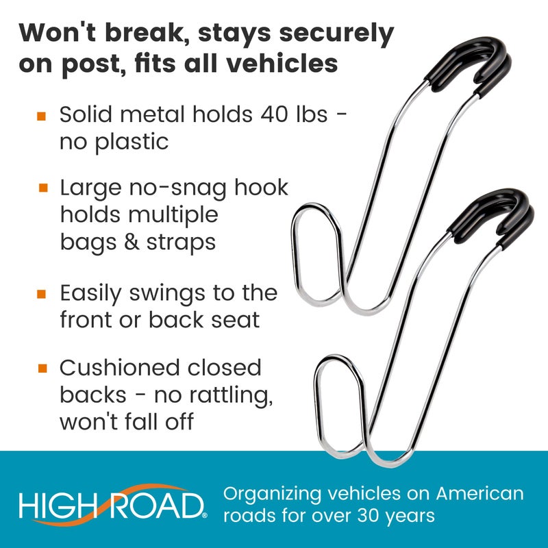 High Road Metal Car Hooks - Hard Hat Holder for Truck and Unbreakable Headrest Hooks for Car for Large Straps and Heavy Bags up to 40 lbs - Secure Attachment Loops Fit All Headrest Posts, 2-Pack - Image 2